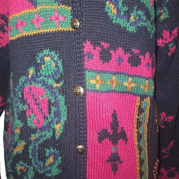 VINTAGE Portraits by NORTHERN ISLES Sz L Women Navy Wine Green Cardigan Sweater - Picture 3 of 6